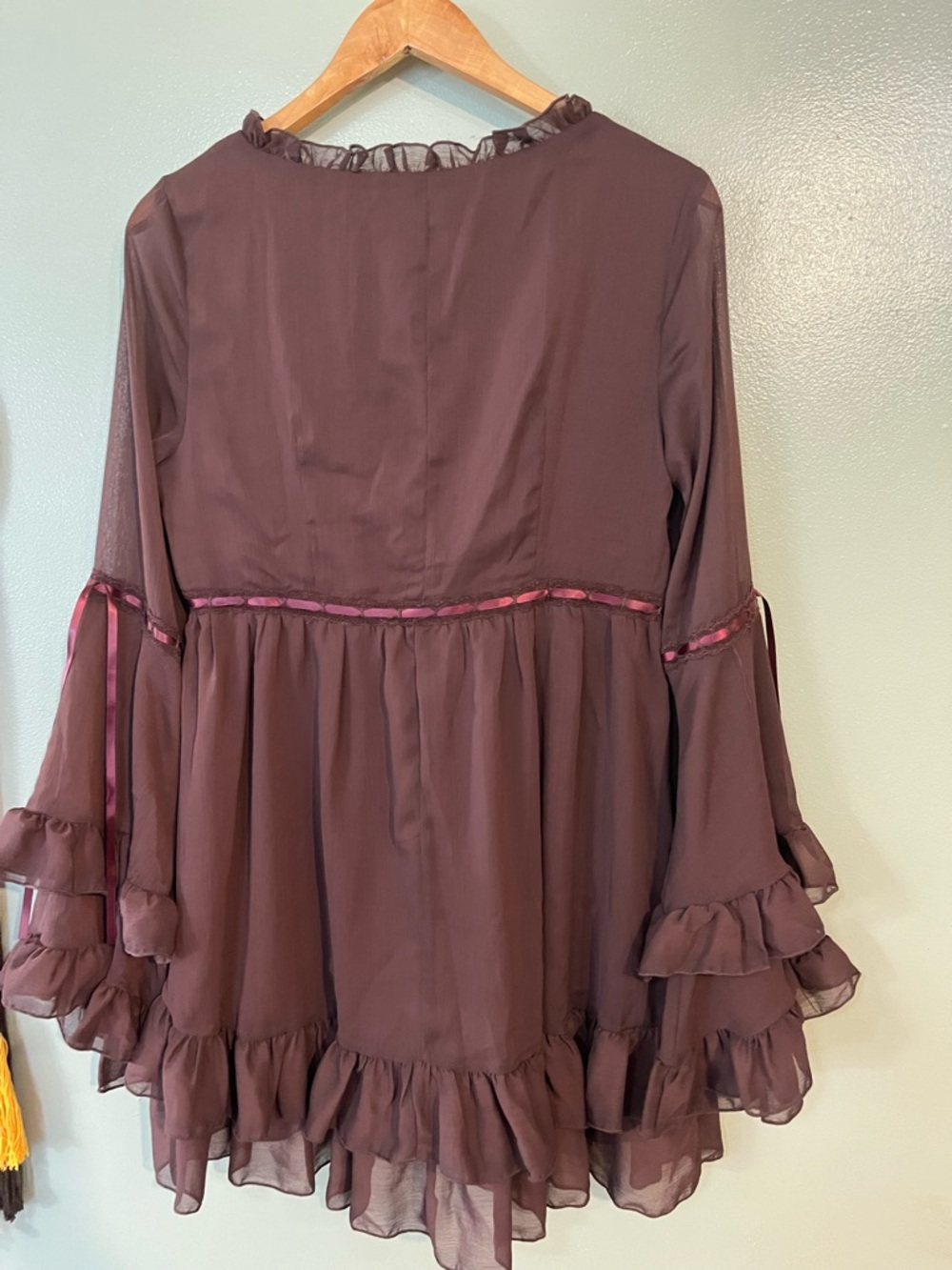 Sheer Ruffle V-Neck Mini Dress in Chocolate Brown By Cider Baby Doll M NWT - Picture 8 of 12